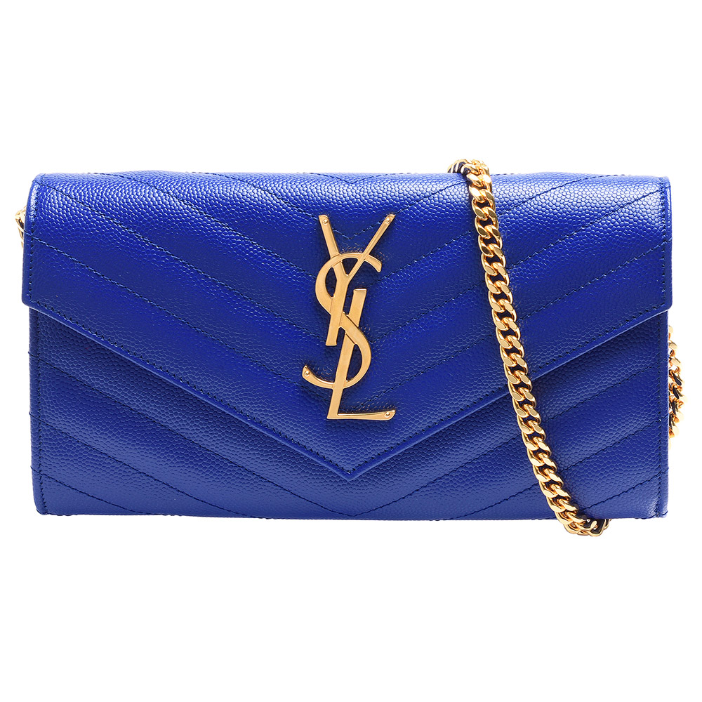 YSL MONOGRAM系列V字縫線魚子醬牛皮金屬LOGO金釦手拿長夾-電光藍_附肩背鍊帶