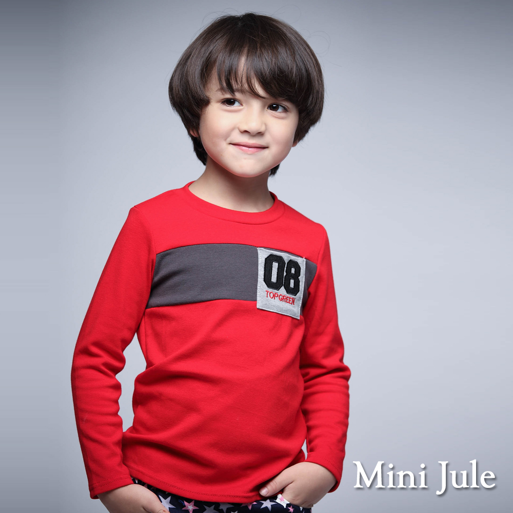 Mini Jule 童裝-上衣 數字8單口袋拼接長袖T恤(紅)