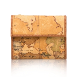 Alviero Martini 義大利地圖包 扣式6卡拉鍊零錢短夾-地圖黃