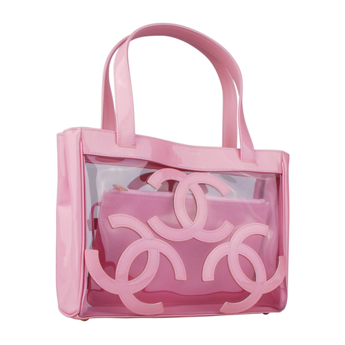 CHANEL 經典雙C LOGO透明漆皮手提包(粉紅)-展示品
