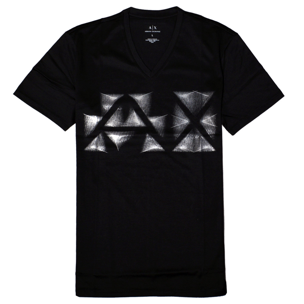 A|X Armani Exchange 虛幻幾何V領短袖T恤-黑