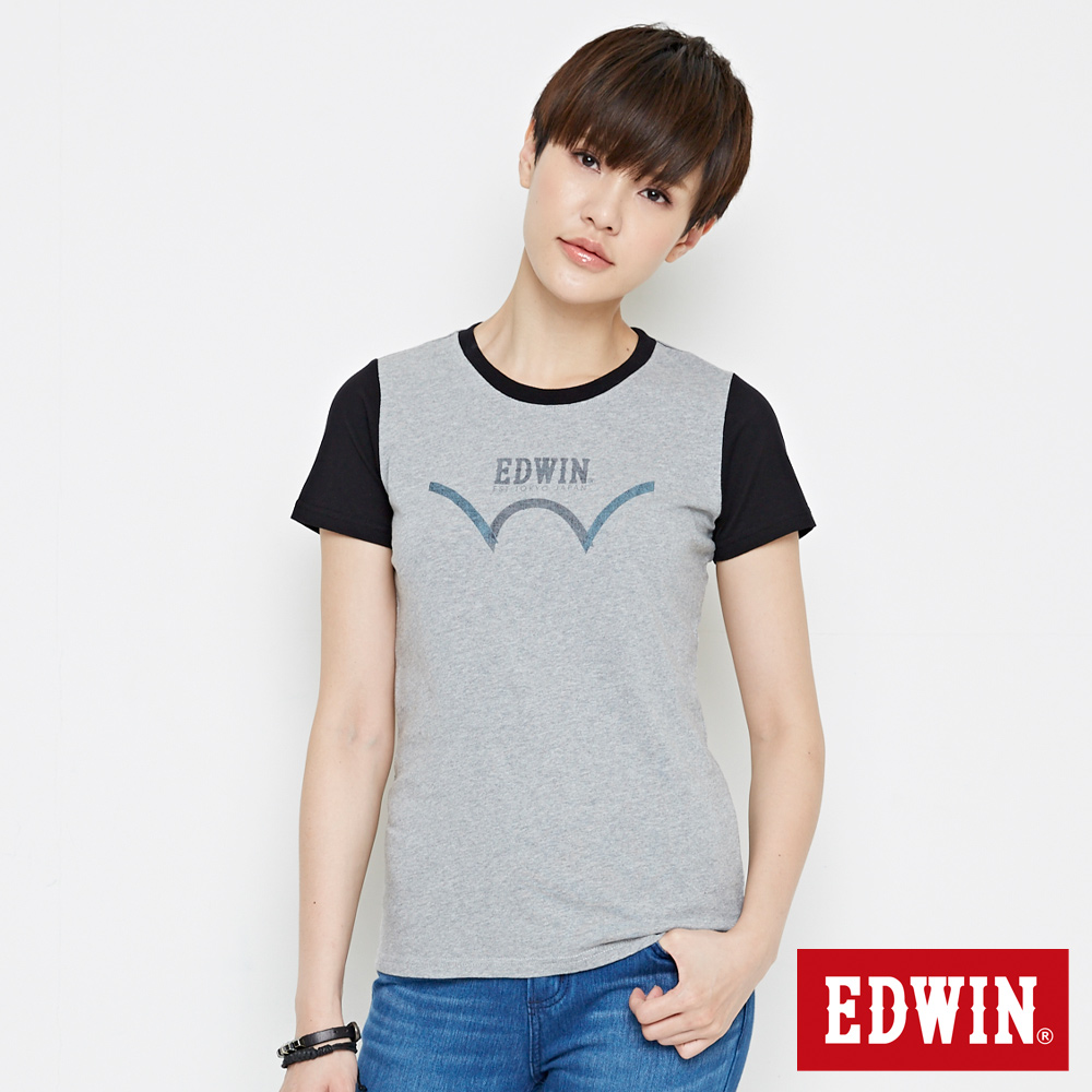 EDWIN 復古趣味配色短袖T恤-女-麻灰