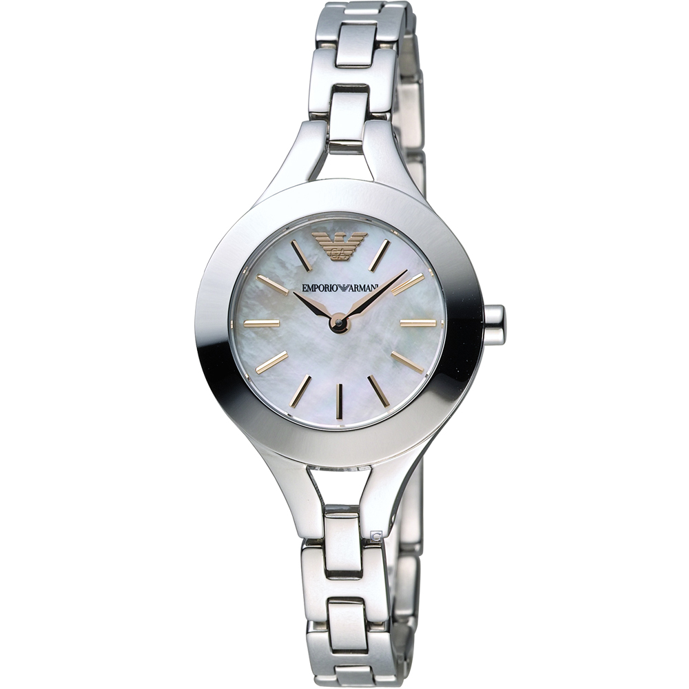 EMPORIO ARMANI 優雅珍珠彩貝時尚錶(AR7425)-白/28mm