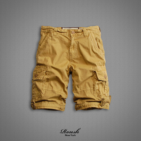 Roush- 高磅數單釦設計雙口袋水洗短褲
