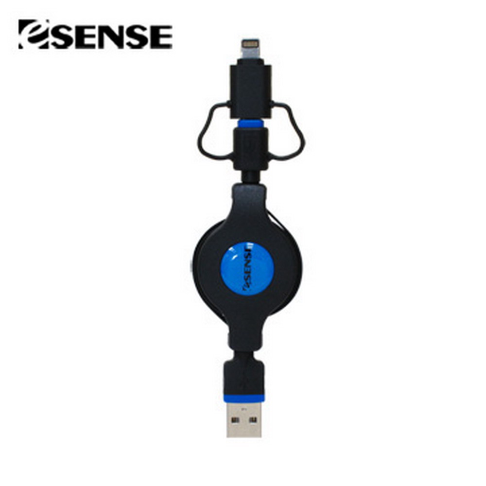 Esense Micro 5兩用伸縮充電傳輸線-黑藍