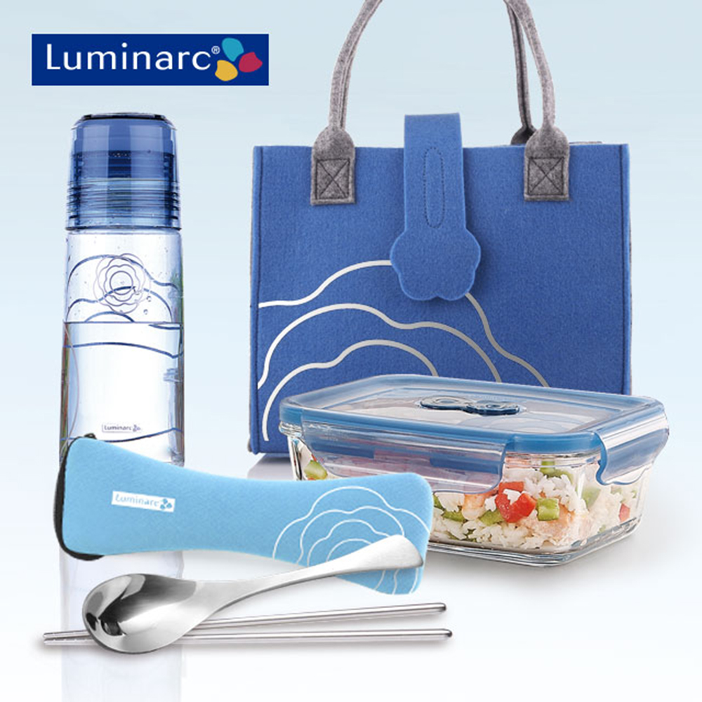 法國 樂美雅 Luminarc 強化玻璃密封保鮮盒提袋野餐組(820ML+304不鏽鋼)