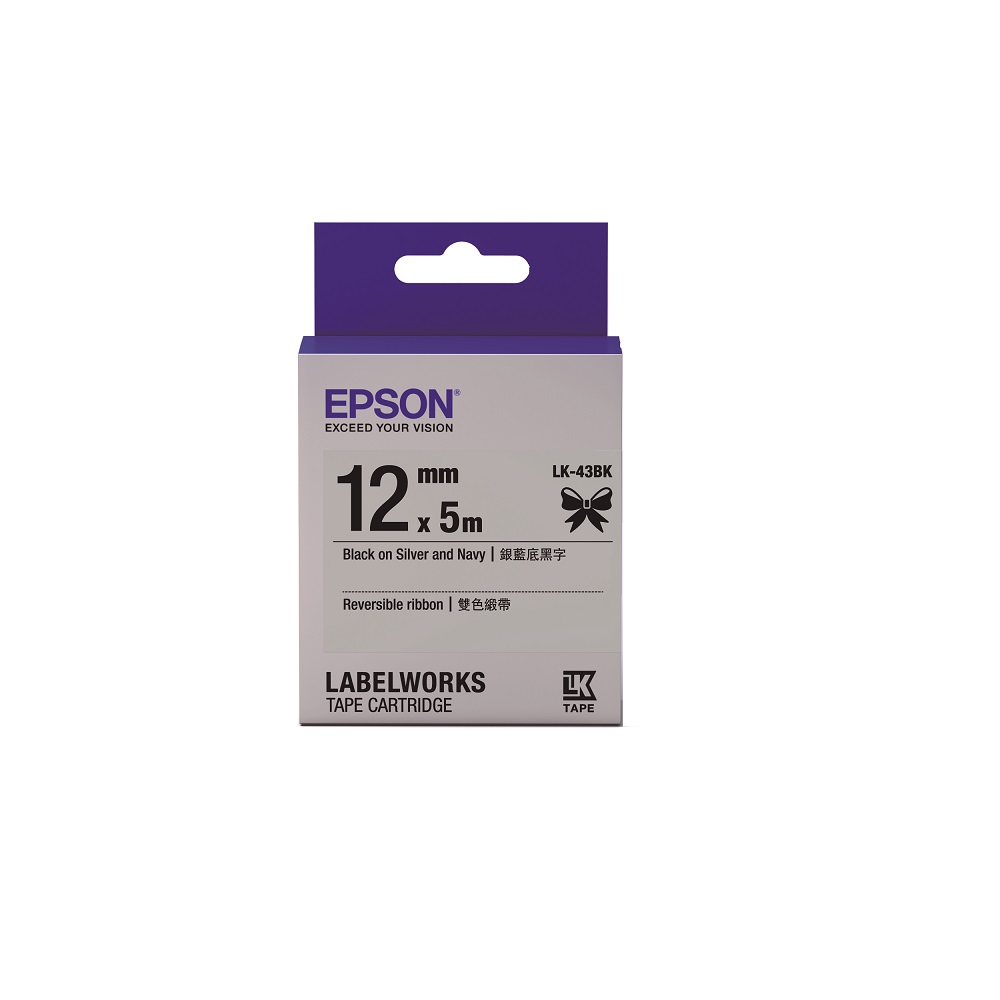 EPSON C53S654460 LK-43BK雙色緞帶系列 銀藍底黑字標籤帶寬12mm