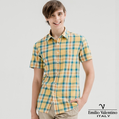 Emilio Valentino范倫提諾水洗格紋襯衫-黃藍