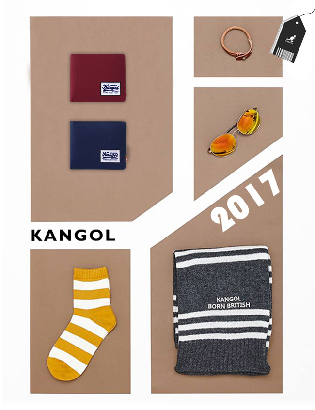 KANGOL 韓式潮流 多夾層/零錢袋橫式短皮夾+鑰匙圈禮盒-帆布拼貼灰