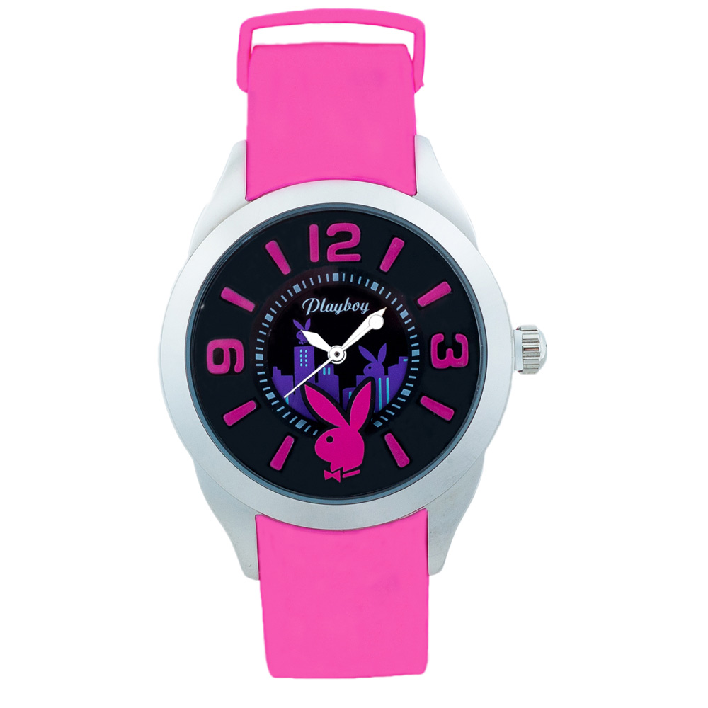 PLAYBOY 紐約城系列錶 粉紅色帶+銀框/42mm