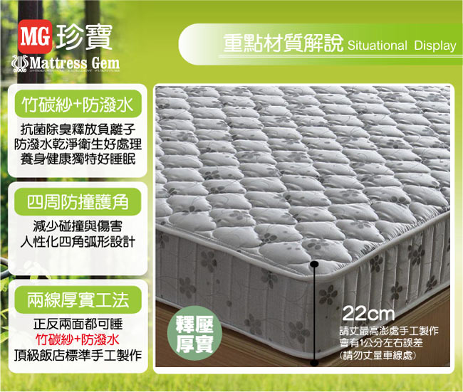 MG抗菌竹碳紗乳膠防潑水蜂巢獨立筒床組-單人3.5尺