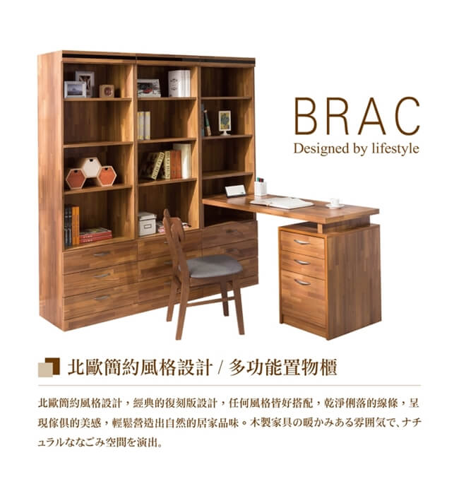 日本直人木業-BRAC層木三個3抽書櫃加調整書桌(160x180x192cm)