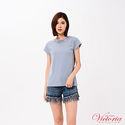 Victoria V領蕾絲剪接落肩短袖T-女-深藍