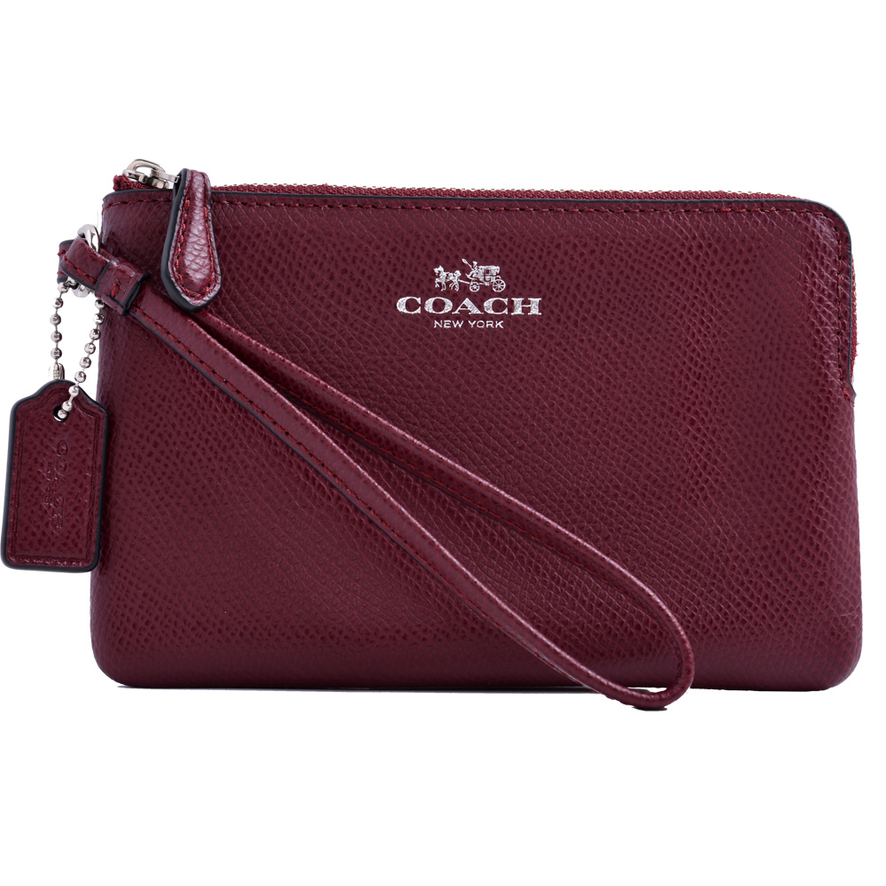 COACH 燙銀Logo防刮皮革L型拉鍊手拿包-嫣紅