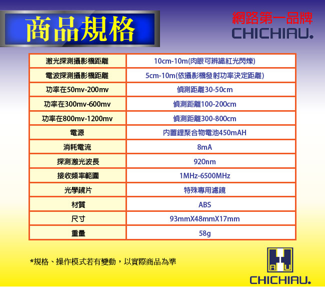 奇巧CHICHIAU 2合1 紅外激光反偷拍偵測器/有線無線兩用針孔鏡頭發現器/反偵蒐