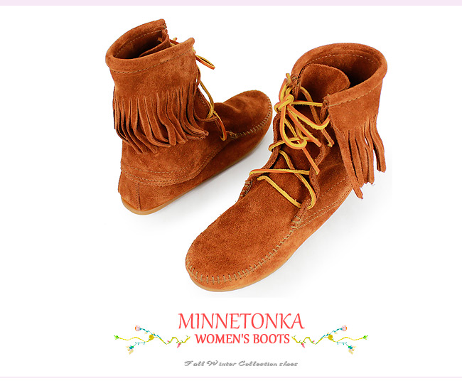 MINNETONKA 咖啡色麂皮單層流蘇 中筒靴 經典必備 (展示品)