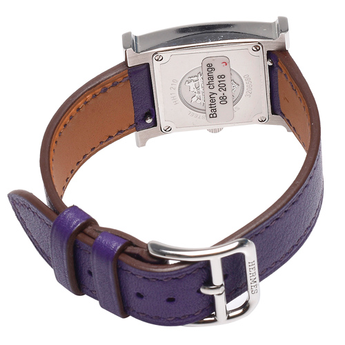HERMES H PM系列小牛皮銀框石英女仕腕錶(紫/21mm)