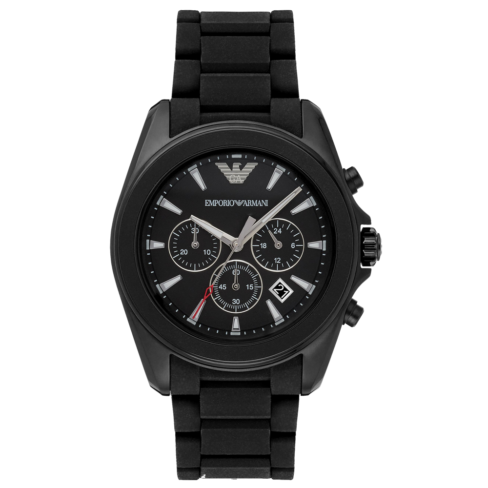 EMPORIO ARMANI  奢華優雅三眼計時錶-黑鋼帶/45mm