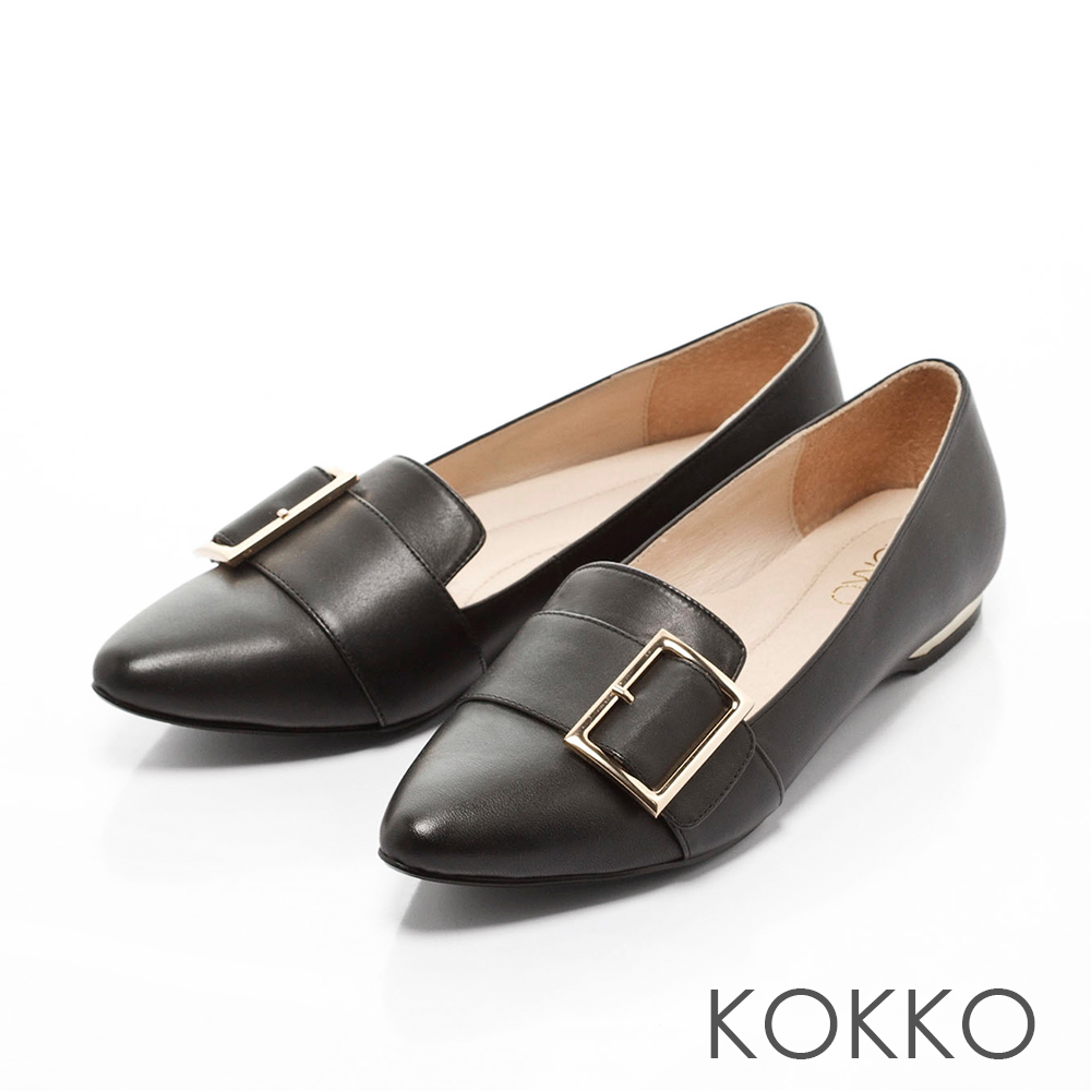KOKKO-女紳時尚金屬方扣尖頭真皮平底鞋-率性黑