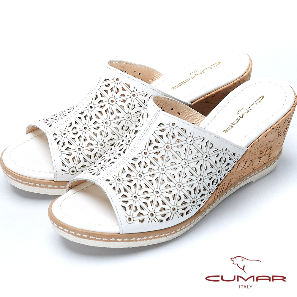 CUMAR台灣製造簍空雕花真皮厚底涼鞋-白