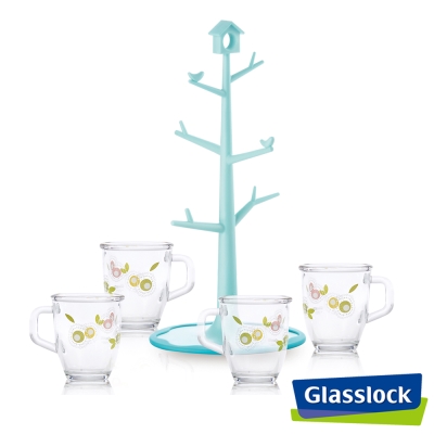 Glasslock玻璃馬克杯四入組+吸盤式樹杯架
