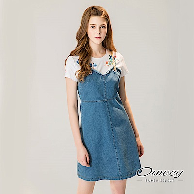 OUWEY歐薇 麂皮吊帶造型牛仔洋裝(藍)