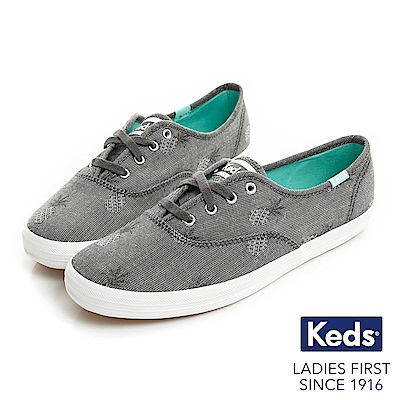 Keds CHAMPION 鳳梨緹花綁帶休閒鞋-灰