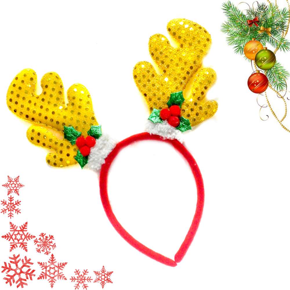 亮片鹿角聖誕葉髮箍(黃色)