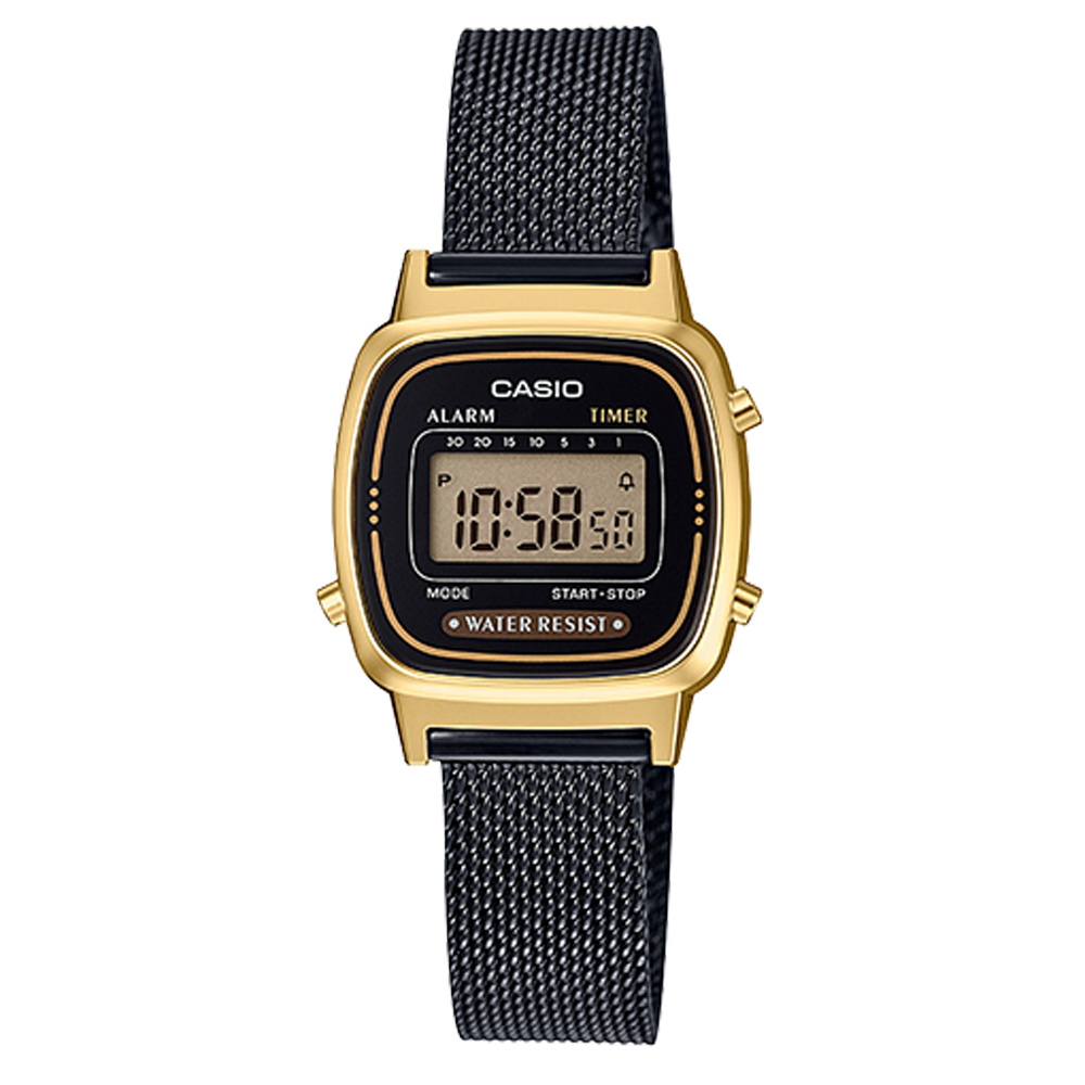 CASIO 小巧復古風米蘭時尚風格數位錶(LA-670WEMB-1 )-黑面X金框/30.3mm