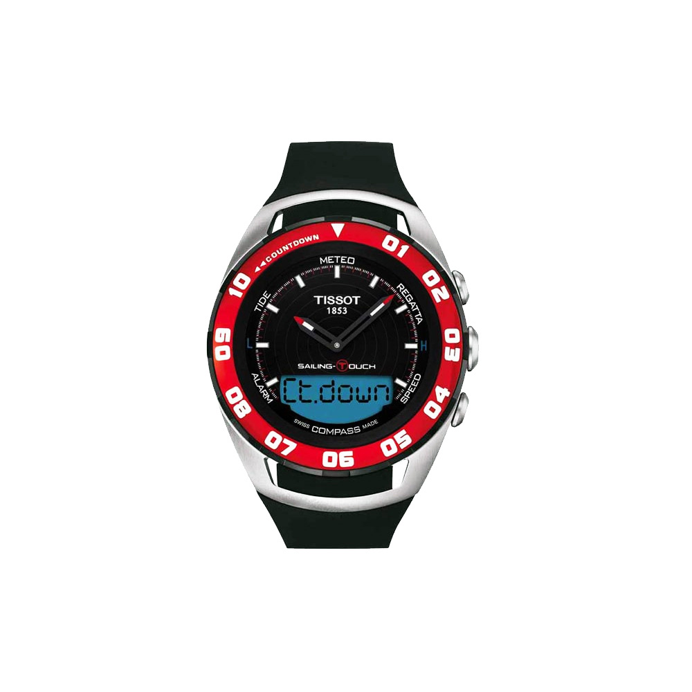 TISSOT 天梭 官方授權 Sailing Touch 風帆專業觸控腕錶-黑x紅框/45mm T0564202705100