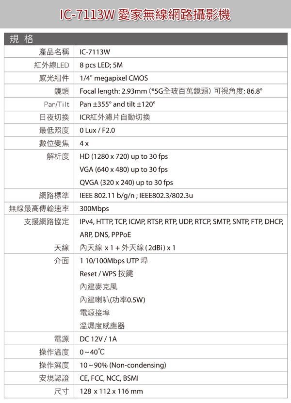 EDIMAX 訊舟 IC-7113W 愛家無線網路攝影機