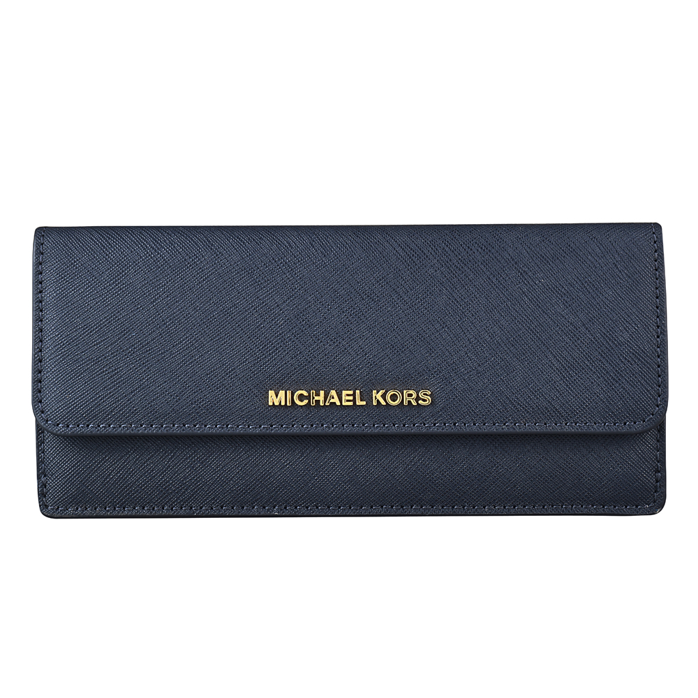 MICHAEL KORS JET SET TRAVEL金字LOGO防刮牛皮薄型長夾-海軍藍