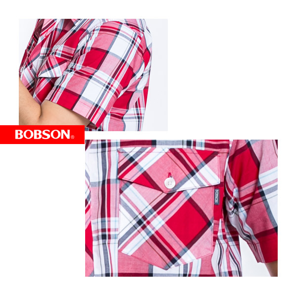 BOBSON 男款格紋短袖襯衫(紅23005-53)