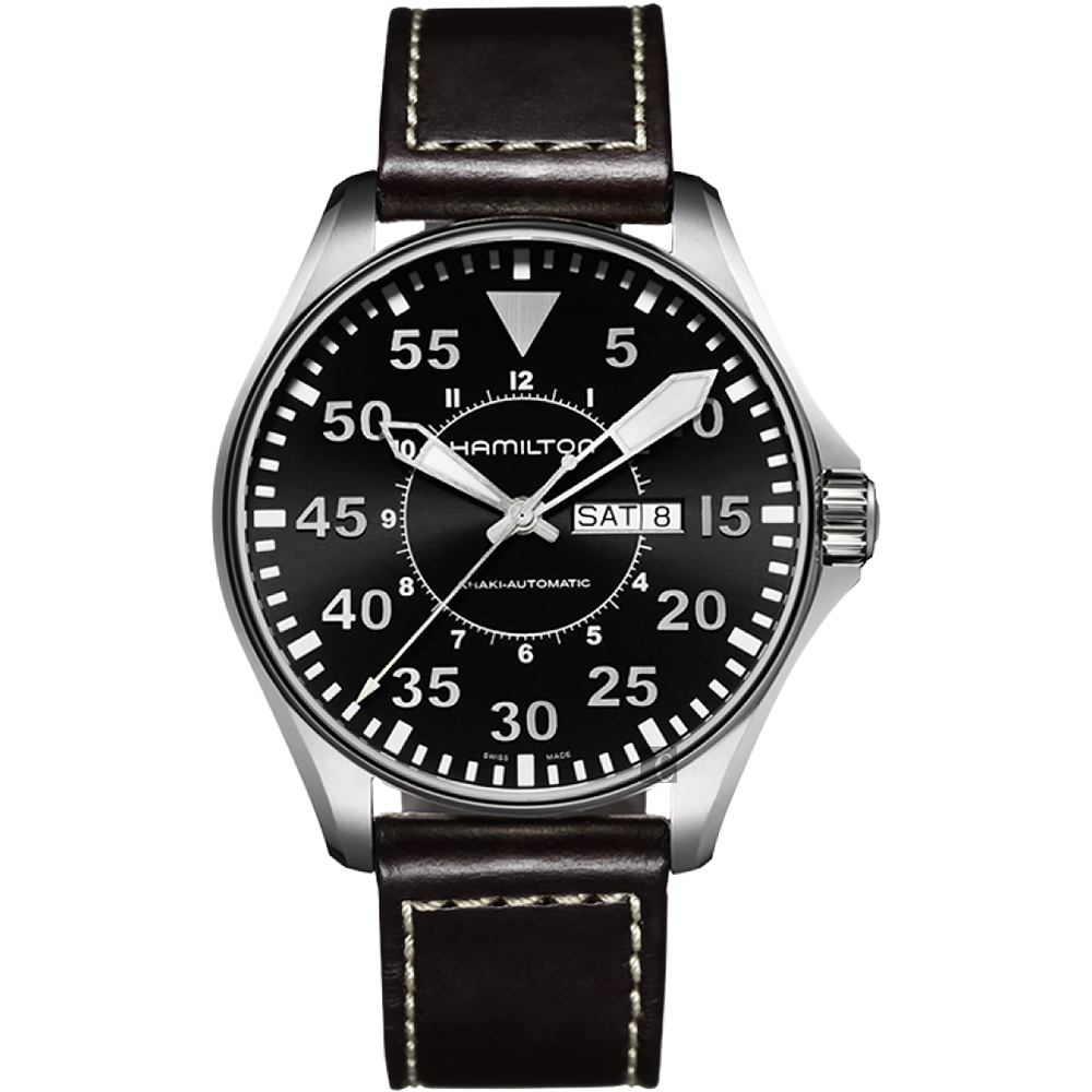 Hamilton 漢米爾頓 卡其飛行員機械錶-黑x咖啡/46mm