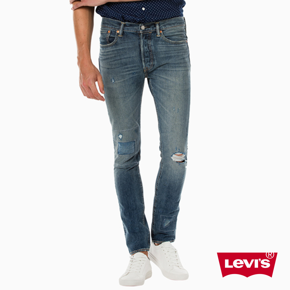 Levis 男款 Skinny 排釦緊身窄管牛仔長褲 破壞補丁