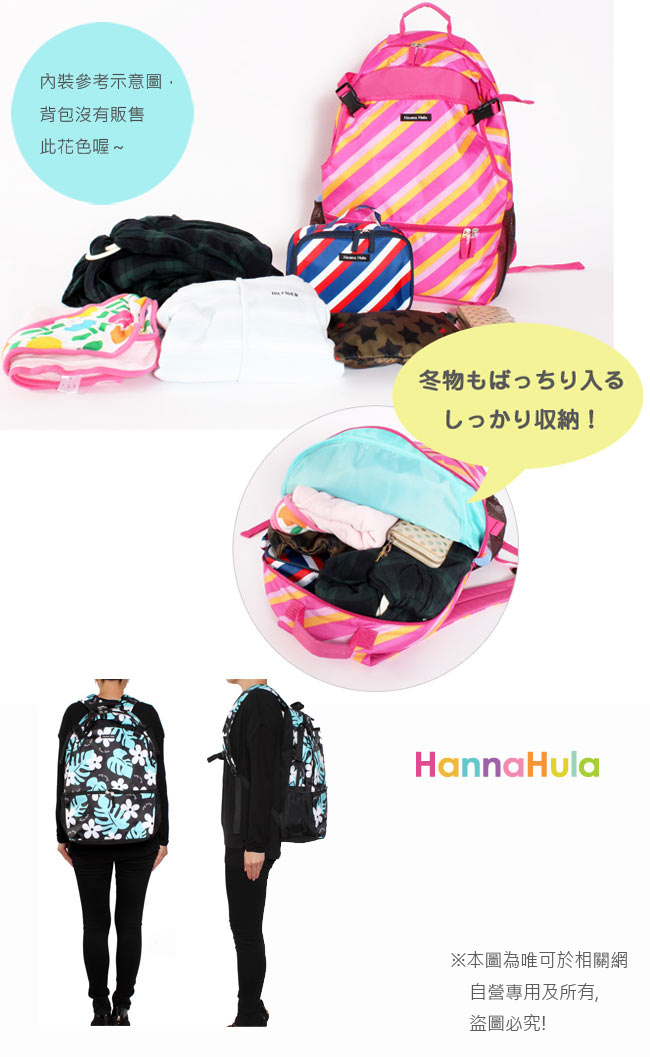 日本Hanna Hula-多用途後背包-可放球拍(花葉黑)