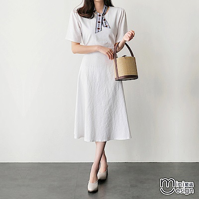 棉麻復古高腰繫帶中長款洋裝 白色-mini嚴選