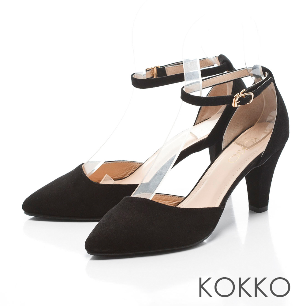 KOKKO-復刻經典尖頭踝帶羊麂皮高跟鞋-沉穩黑