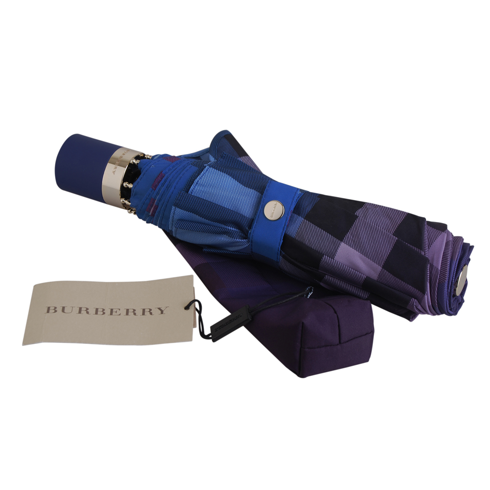 BURBERRY 格紋高質感褶疊傘(藍/紫)