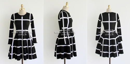 時尚格紋收腰圓裙針織洋裝 (黑色)-100%明洞