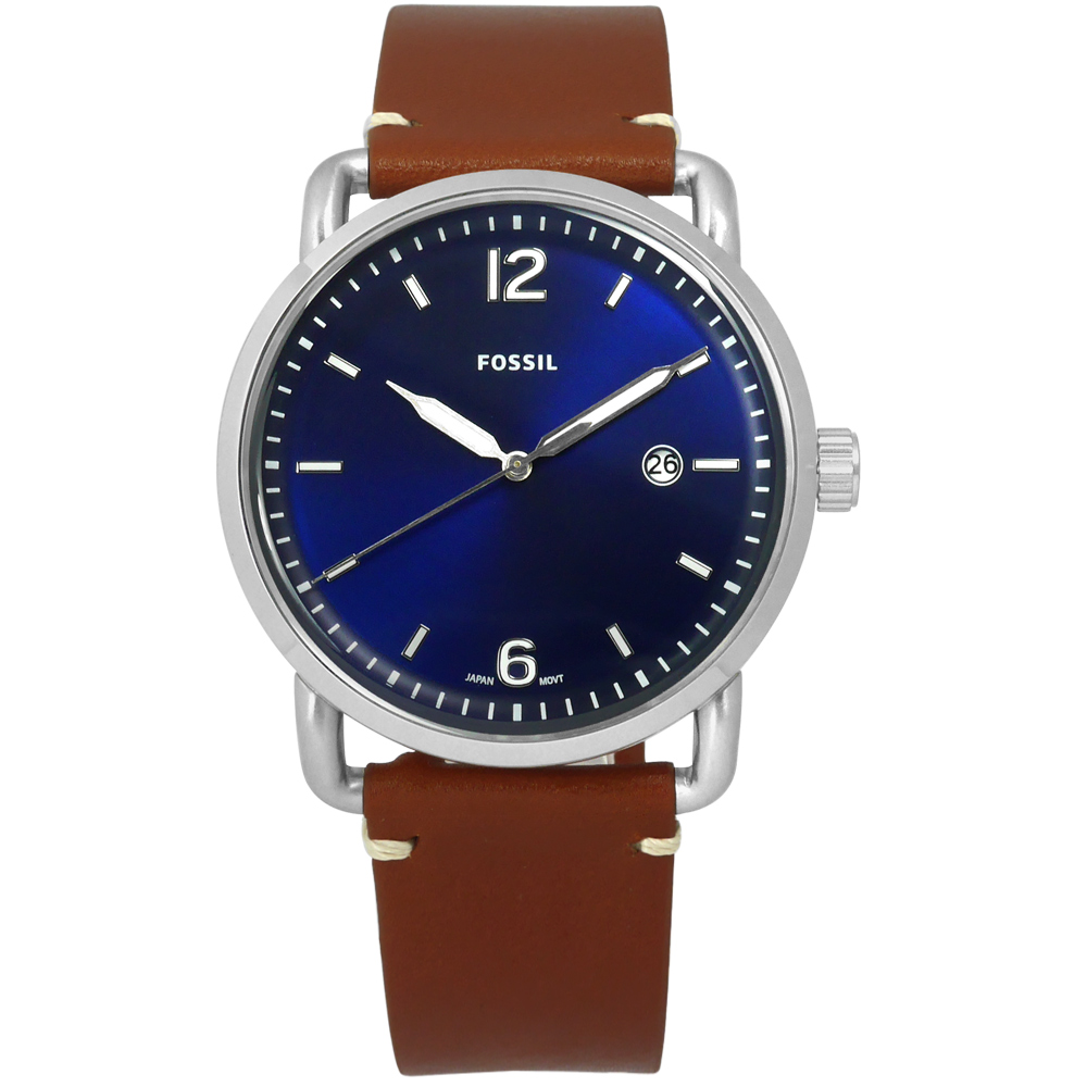 FOSSIL Commuter 簡約時尚魅力日期真皮手錶-深藍x卡其/42mm