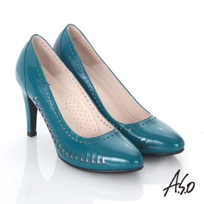 A.S.O 輕透美型 鏡面真皮側鏤空高跟鞋 藍