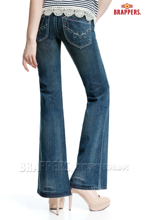BRAPPERS 女款 垮褲系列-女用花型金蔥綉花大喇叭褲-經典藍