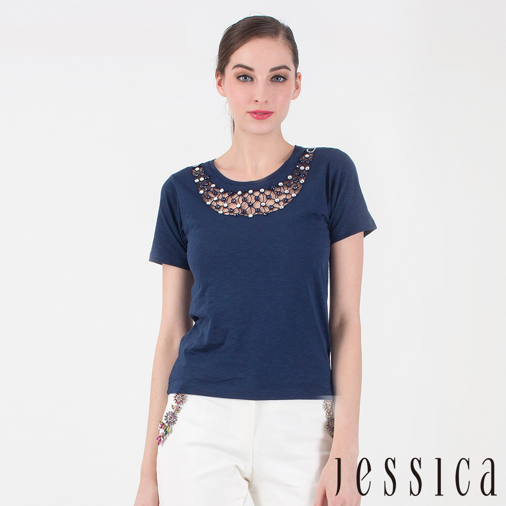 JESSICA - 珠飾造型簍空短袖上衣