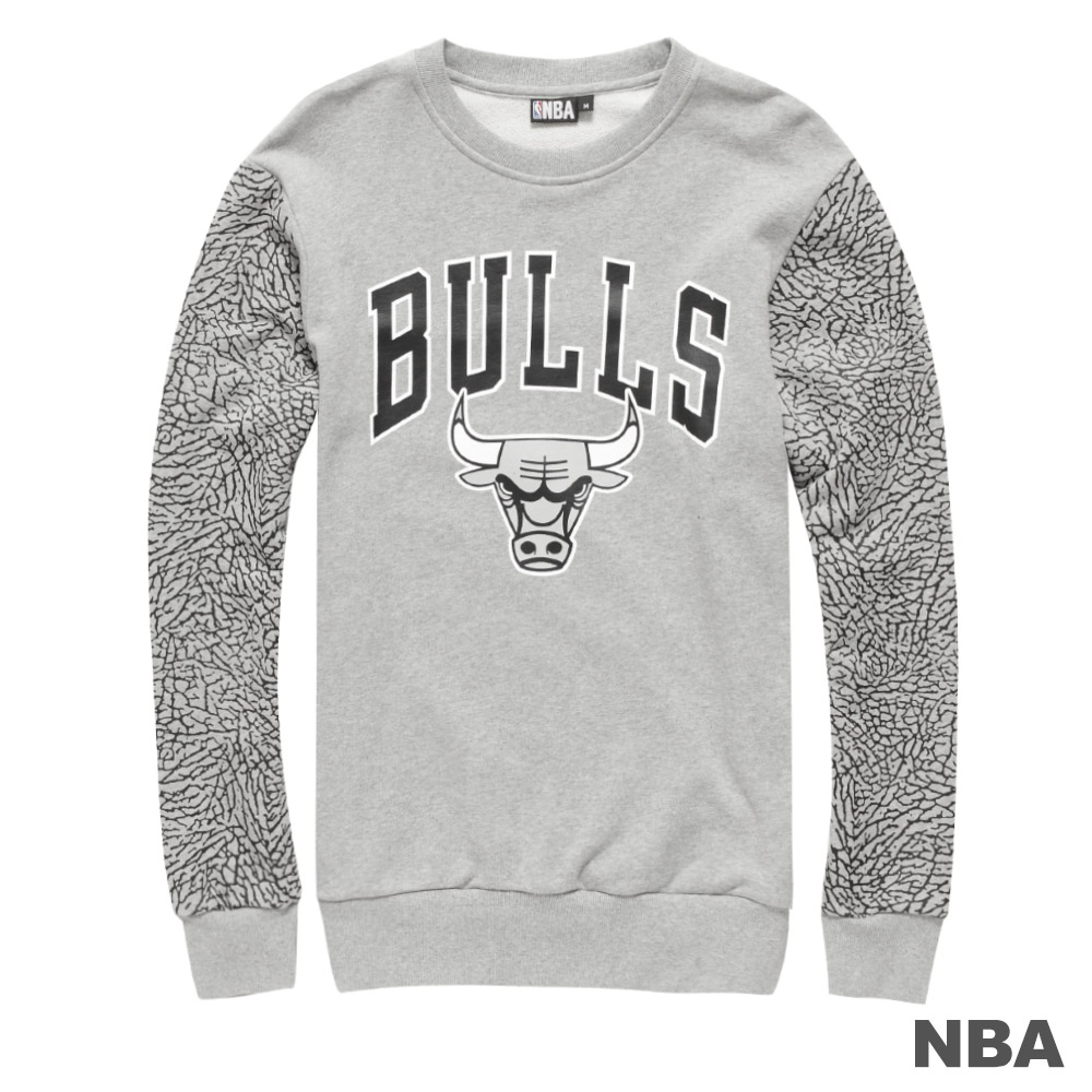 NBA-芝加哥公牛隊雙袖爆裂紋長袖厚T恤-麻灰 (男)