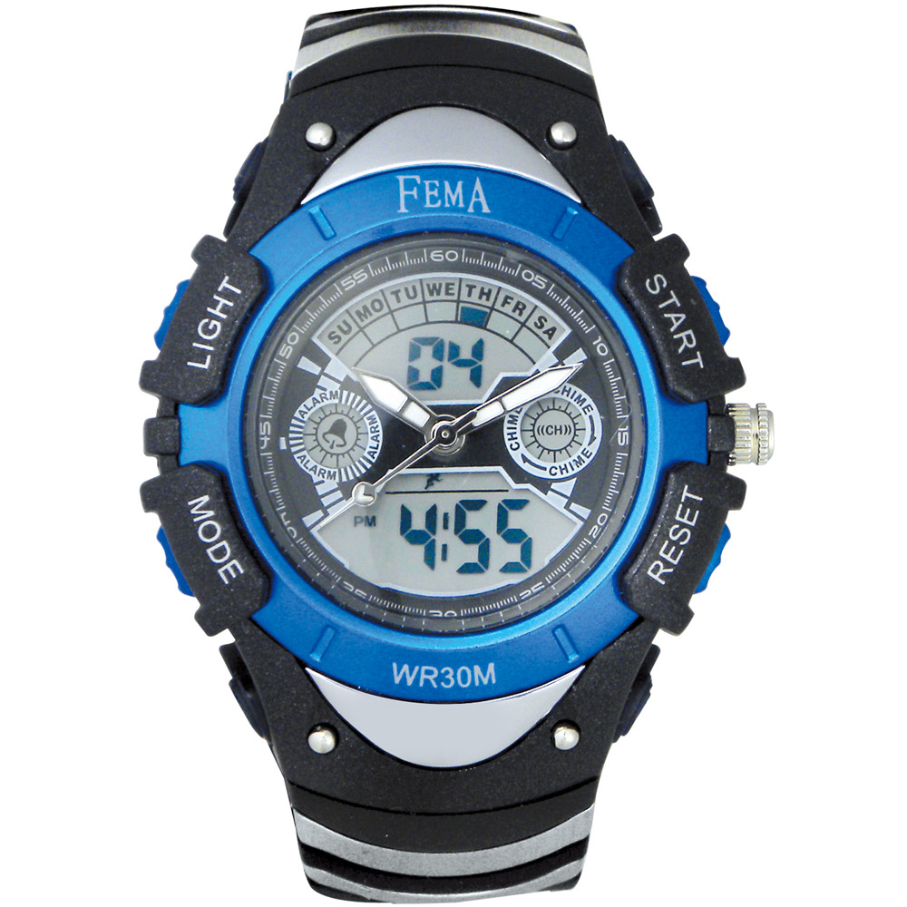 FEMA 炫彩流行 計時鬧鈴 雙顯運動錶(P308GA)-黑藍/37mm