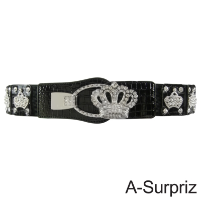 A-Surpriz 閃耀皇冠晶鑽扣環鱷魚紋彈性腰帶(黑)