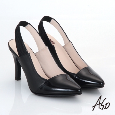 A.S.O 減壓美型 全真皮雙色拼接後拉帶高跟鞋 黑