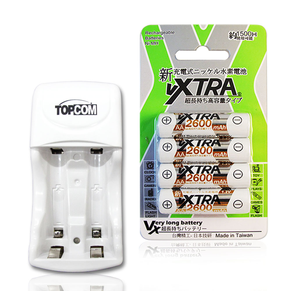 VXTRA 3號2600mAh低自放充電電池(4顆入)+TOP智能雙迴充電器