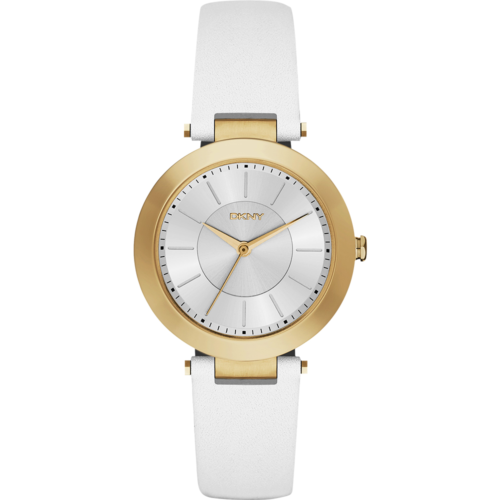 DKNY Stanhope 名模風采時尚腕錶-銀白x金框/36mm